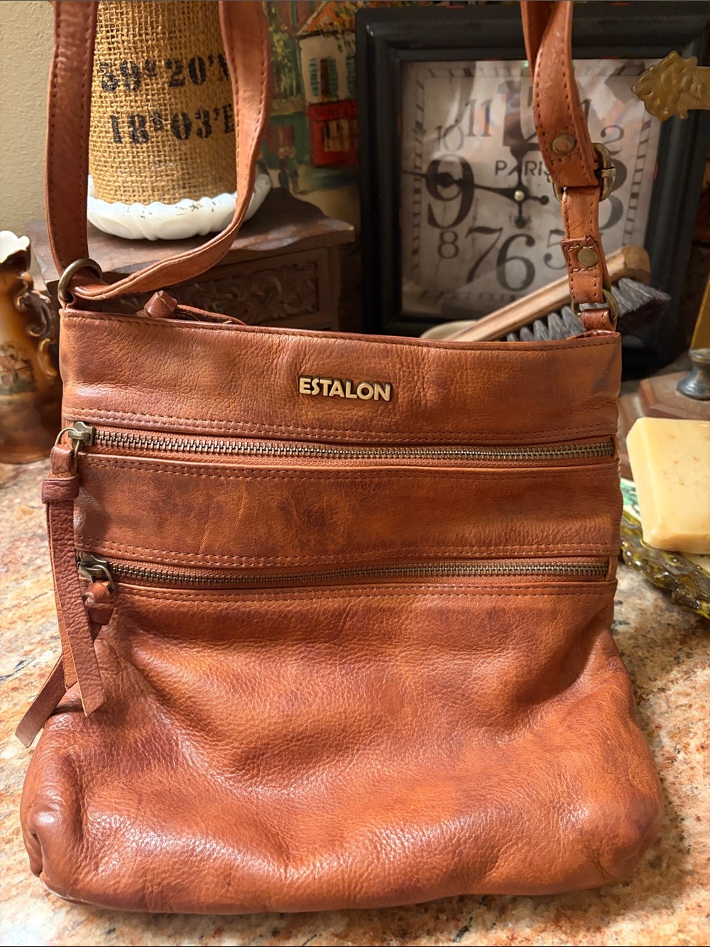 Estalon Brown Leather Crossbody Messenger Bag
